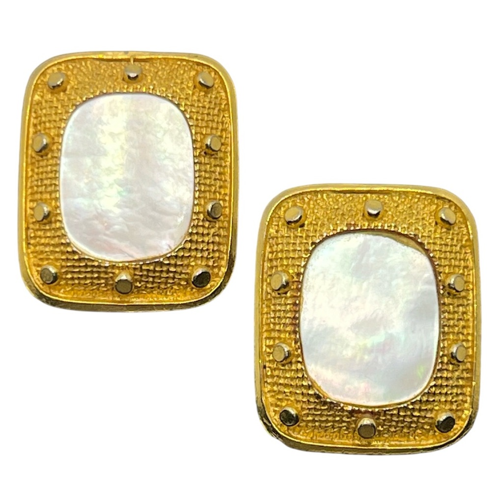 Rousseau signed vintage gold tone rectangle mother of pearl clip on earrings